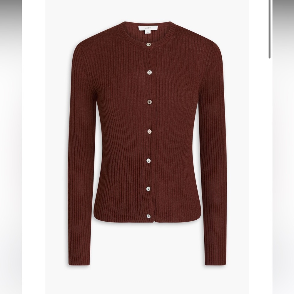 Vince Ribbed Cashmere and Silk Burgundy Ribbed Cardigan